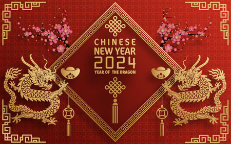 Happy chinese new year 2024 year of the chinese dragon zodiac with on color Background. ( Translation : happy new year, chinese dragon )&#xA;のイラスト素材