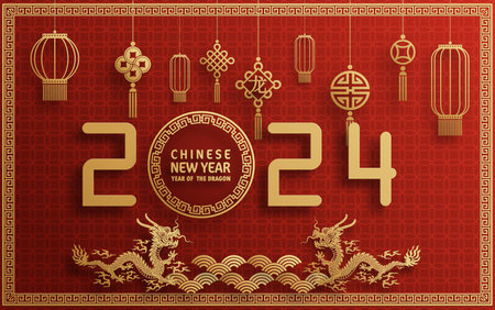 Happy chinese new year 2024 year of the chinese dragon zodiac with on color Background. ( Translation : happy new year, chinese dragon )&#xA;のイラスト素材