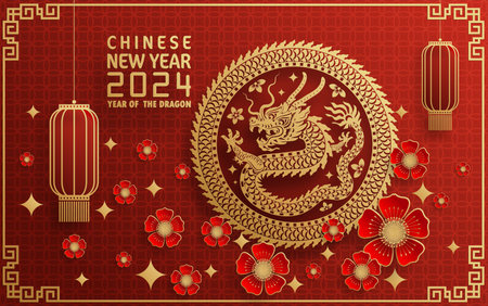 Happy chinese new year 2024 year of the chinese dragon zodiac with on color Background. ( Translation : happy new year, chinese dragon )&#xA;のイラスト素材