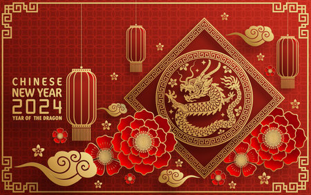 Happy chinese new year 2024 year of the chinese dragon zodiac with on color Background. ( Translation : happy new year, chinese dragon )&#xA;のイラスト素材