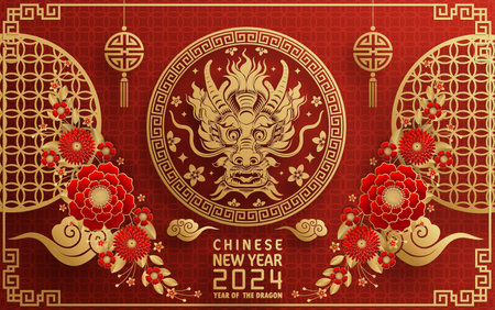 Happy chinese new year 2024 year of the chinese dragon zodiac with on color Background. ( Translation : happy new year, chinese dragon )&#xA;のイラスト素材