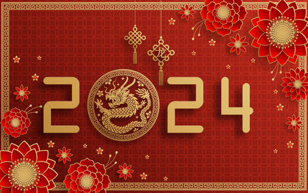 Happy chinese new year 2024 year of the chinese dragon zodiac with on color Background. ( Translation : happy new year, chinese dragon )&#xA;のイラスト素材
