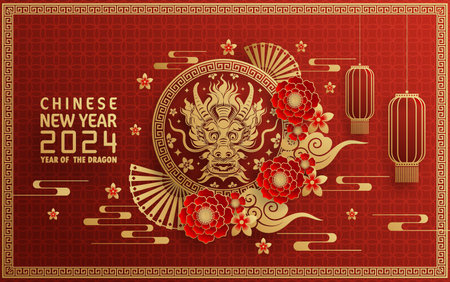 Happy chinese new year 2024 year of the chinese dragon zodiac with on color Background. ( Translation : happy new year, chinese dragon )&#xA;のイラスト素材