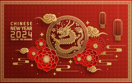 Happy chinese new year 2024 year of the chinese dragon zodiac with on color Background. ( Translation : happy new year, chinese dragon )&#xA;のイラスト素材