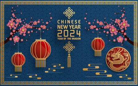 Happy chinese new year 2024 year of the chinese dragon zodiac with on color Background. ( Translation : happy new year, chinese dragon )のイラスト素材