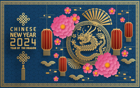 Happy chinese new year 2024 year of the chinese dragon zodiac with on color Background. ( Translation : happy new year, chinese dragon )のイラスト素材