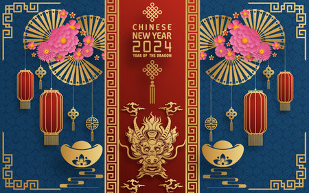 Happy chinese new year 2024 year of the chinese dragon zodiac with on color Background. ( Translation : happy new year, chinese dragon )のイラスト素材