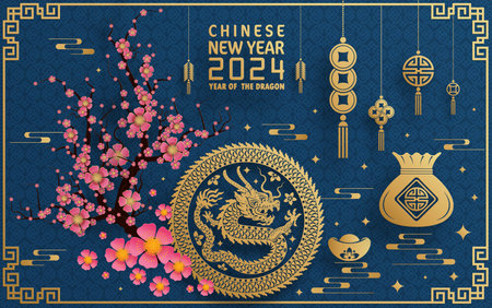Happy chinese new year 2024 year of the chinese dragon zodiac with on color Background. ( Translation : happy new year, chinese dragon )のイラスト素材