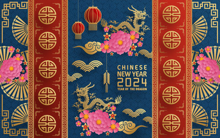 Happy chinese new year 2024 year of the chinese dragon zodiac with on color Background. ( Translation : happy new year, chinese dragon )のイラスト素材