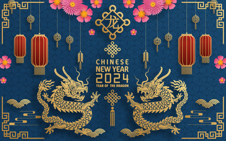 Happy chinese new year 2024 year of the chinese dragon zodiac with on color Background. ( Translation : happy new year, chinese dragon )のイラスト素材