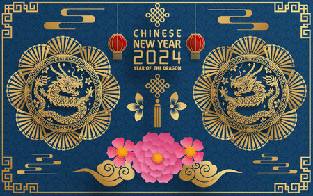 Happy chinese new year 2024 year of the chinese dragon zodiac with on color Background. ( Translation : happy new year, chinese dragon )のイラスト素材