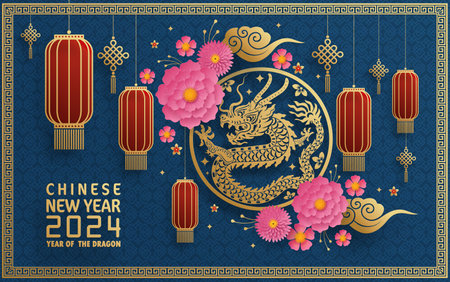Happy chinese new year 2024 year of the chinese dragon zodiac with on color Background. ( Translation : happy new year, chinese dragon )のイラスト素材