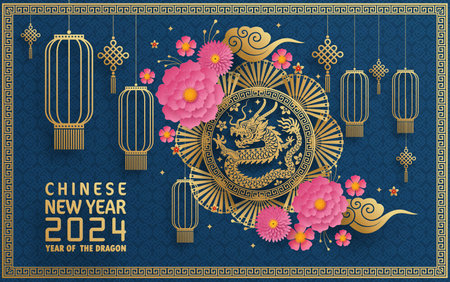 Happy chinese new year 2024 year of the chinese dragon zodiac with on color Background. ( Translation : happy new year, chinese dragon )のイラスト素材