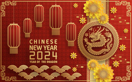 Happy chinese new year 2024 year of the chinese dragon zodiac with on color Background. ( Translation : happy new year, chinese dragon )のイラスト素材