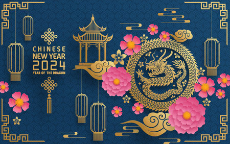 Happy chinese new year 2024 year of the chinese dragon zodiac with on color Background. ( Translation : happy new year, chinese dragon )のイラスト素材
