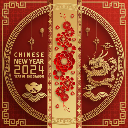 Happy chinese new year 2024 year of the chinese dragon zodiac with on color Background. ( Translation : happy new year, chinese dragon )のイラスト素材