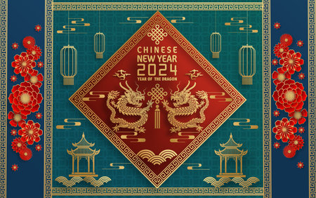 Happy chinese new year 2024 year of the chinese dragon zodiac with on color Background. ( Translation : happy new year, chinese dragon )のイラスト素材
