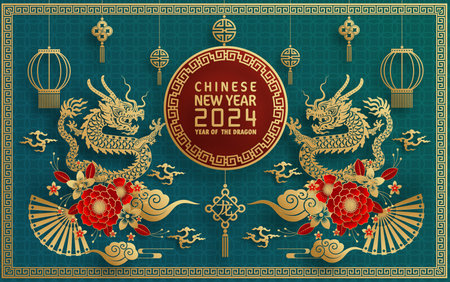 Happy chinese new year 2024 year of the chinese dragon zodiac with on color Background. ( Translation : happy new year, chinese dragon )のイラスト素材