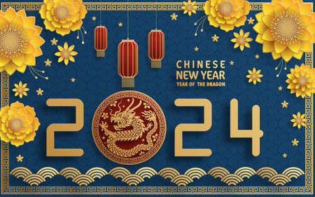Happy chinese new year 2024 year of the chinese dragon zodiac with on color Background. ( Translation : happy new year, chinese dragon )のイラスト素材