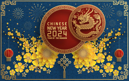Happy chinese new year 2024 year of the chinese dragon zodiac with on color Background. ( Translation : happy new year, chinese dragon )のイラスト素材