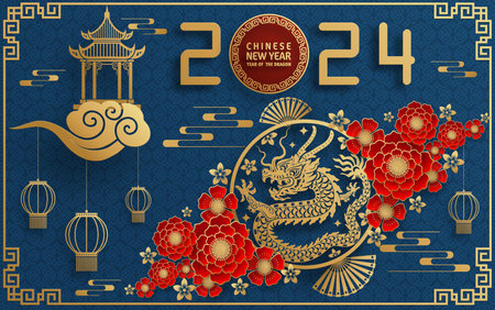 Happy chinese new year 2024 year of the chinese dragon zodiac with on color Background. ( Translation : happy new year, chinese dragon )のイラスト素材