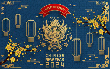 Happy chinese new year 2024 year of the chinese dragon zodiac with on color Background. ( Translation : happy new year, chinese dragon )のイラスト素材