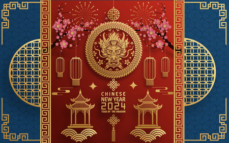 Happy chinese new year 2024 year of the chinese dragon zodiac with on color Background. ( Translation : happy new year, chinese dragon )のイラスト素材