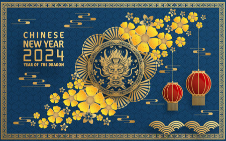Happy chinese new year 2024 year of the chinese dragon zodiac with on color Background. ( Translation : happy new year, chinese dragon )のイラスト素材