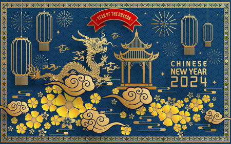 Happy chinese new year 2024 year of the chinese dragon zodiac with on color Background. ( Translation : happy new year, chinese dragon )のイラスト素材