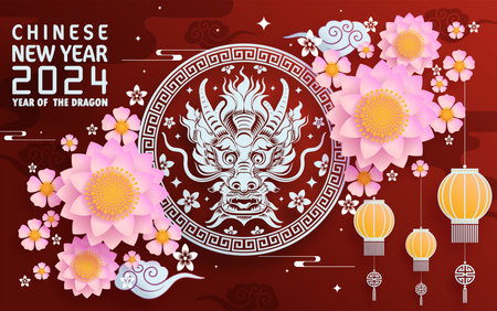 Happy chinese new year 2024 year of the chinese dragon zodiac with on color Background. ( Translation : happy new year, chinese dragon )&#xA;のイラスト素材