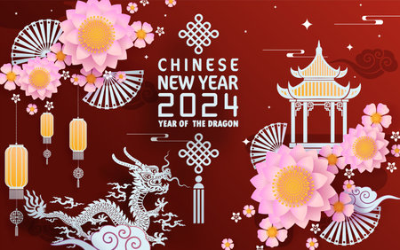 Happy chinese new year 2024 year of the chinese dragon zodiac with on color Background. ( Translation : happy new year, chinese dragon )&#xA;のイラスト素材
