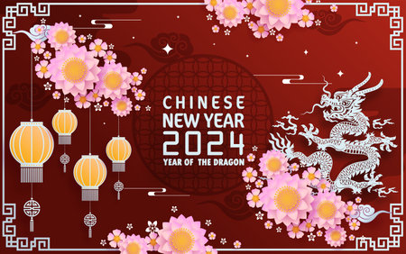 Happy chinese new year 2024 year of the chinese dragon zodiac with on color Background. ( Translation : happy new year, chinese dragon )&#xA;のイラスト素材