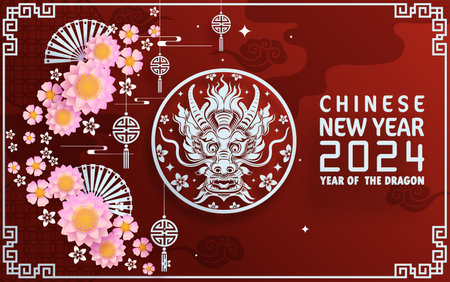 Happy chinese new year 2024 year of the chinese dragon zodiac with on color Background. ( Translation : happy new year, chinese dragon )&#xA;のイラスト素材