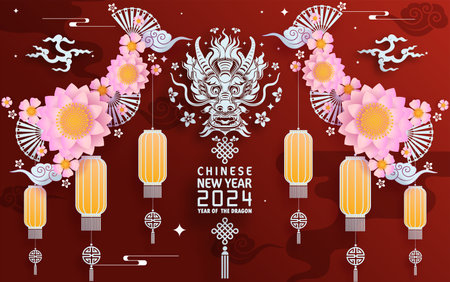 Happy chinese new year 2024 year of the chinese dragon zodiac with on color Background. ( Translation : happy new year, chinese dragon )&#xA;のイラスト素材