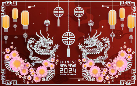 Happy chinese new year 2024 year of the chinese dragon zodiac with on color Background. ( Translation : happy new year, chinese dragon )&#xA;のイラスト素材