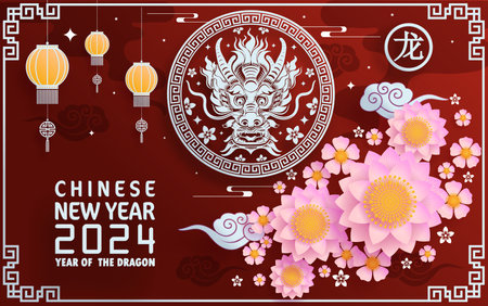 Happy chinese new year 2024 year of the chinese dragon zodiac with on color Background. ( Translation : happy new year, chinese dragon )&#xA;のイラスト素材