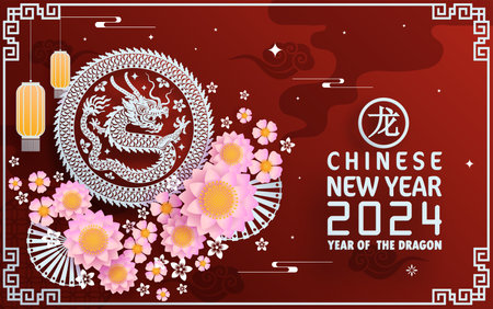 Happy chinese new year 2024 year of the chinese dragon zodiac with on color Background. ( Translation : happy new year, chinese dragon )&#xA;のイラスト素材