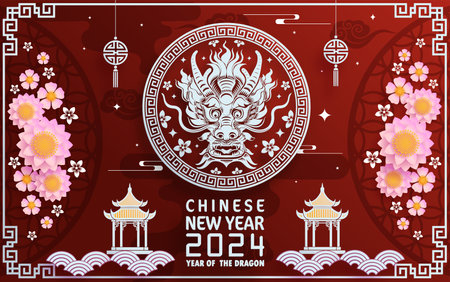 Happy chinese new year 2024 year of the chinese dragon zodiac with on color Background. ( Translation : happy new year, chinese dragon )&#xA;のイラスト素材