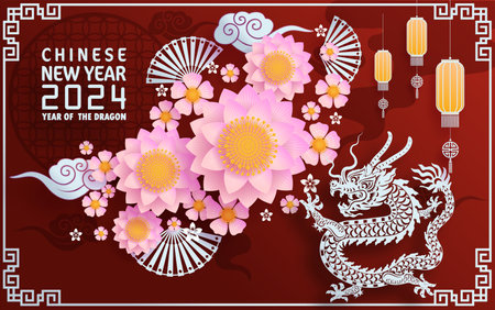 Happy chinese new year 2024 year of the chinese dragon zodiac with on color Background. ( Translation : happy new year, chinese dragon )&#xA;のイラスト素材