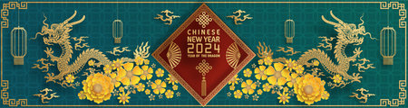 Happy chinese new year 2024 year of the chinese dragon zodiac with on color Background. ( Translation : happy new year, chinese dragon )のイラスト素材