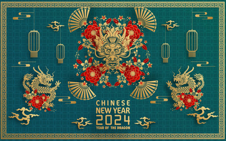 Happy chinese new year 2024 year of the chinese dragon zodiac with on color Background. ( Translation : happy new year, chinese dragon )のイラスト素材