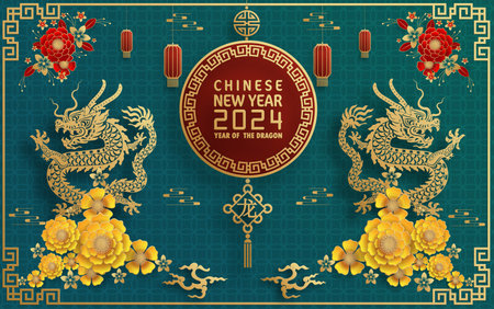 Happy chinese new year 2024 year of the chinese dragon zodiac with on color Background. ( Translation : happy new year, chinese dragon )のイラスト素材