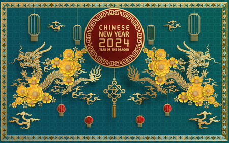 Happy chinese new year 2024 year of the chinese dragon zodiac with on color Background. ( Translation : happy new year, chinese dragon )のイラスト素材