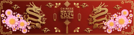 Happy chinese new year 2024 year of the chinese dragon zodiac with on color Background. ( Translation : happy new year, chinese dragon )のイラスト素材