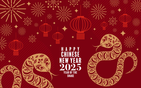 Happy chinese new year 2025 the snake zodiac sign with lantern,flower, and asian elements red paper cut style on color background. ( translation : year of the snake, happy new year 2025 )のイラスト素材