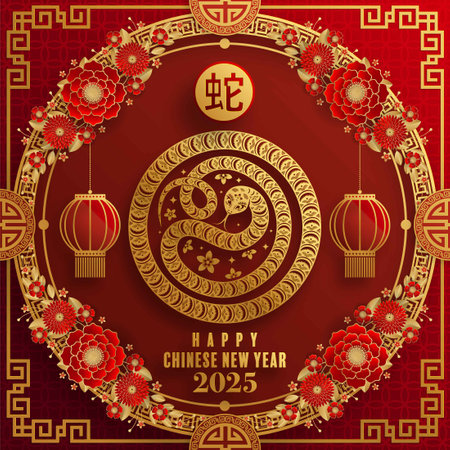 Happy chinese new year 2025 Â Background with snake,&#xA;year of the chinese snake zodiac with on color Background. ( Translation : happy new year, chinese snake 2025 )のイラスト素材