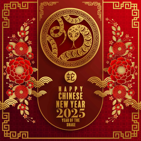 Happy chinese new year 2025 Â Background with snake,&#xA;year of the chinese snake zodiac with on color Background. ( Translation : happy new year, chinese snake 2025 )のイラスト素材