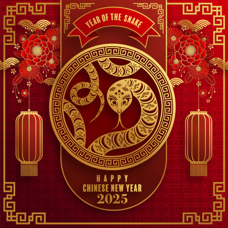 Happy chinese new year 2025 Â Background with snake,&#xA;year of the chinese snake zodiac with on color Background. ( Translation : happy new year, chinese snake 2025 )のイラスト素材