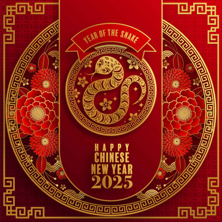 Happy chinese new year 2025 Â Background with snake,&#xA;year of the chinese snake zodiac with on color Background. ( Translation : happy new year, chinese snake 2025 )のイラスト素材