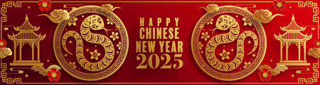 Happy chinese new year 2025  the snake zodiac sign with flower,lantern,pattern,cloud asian elements red,gold  paper cut style on color background. (Translation : happy new year 2025 year of the snake)のイラスト素材